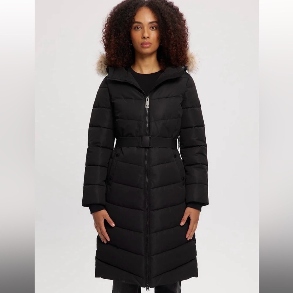 Noize Women's Vegan Black Long Belted Parka Coat S